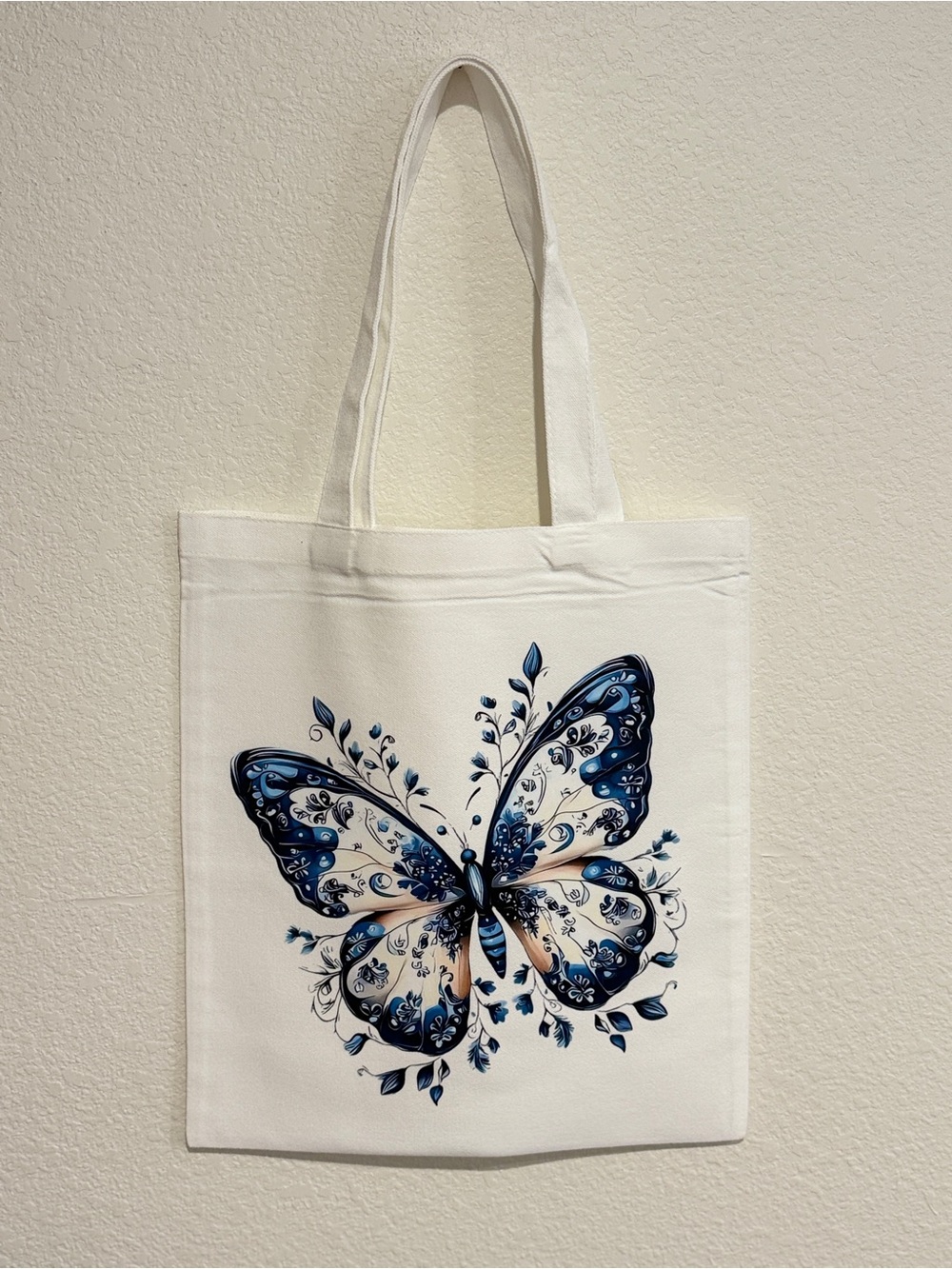 Handmade Canvas Tote Bag with Blue Butterfly Graphic - White - Picture 2 of 2
